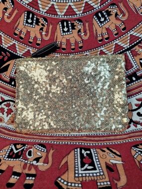 Ipsy Gold Sequin and Black Faux Leather Zip Pouch Cosmetic Travel Bag